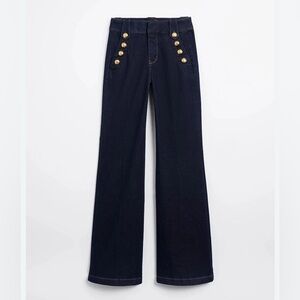 WHBM High Rise Wide Leg  Blue Flared Jeans gold Buttons 8 long